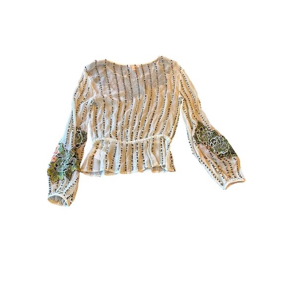 Not So Serious Embroidered Sheer Blouse Floral Detailing & Long Sleeves Boho - Picture 5 of 6